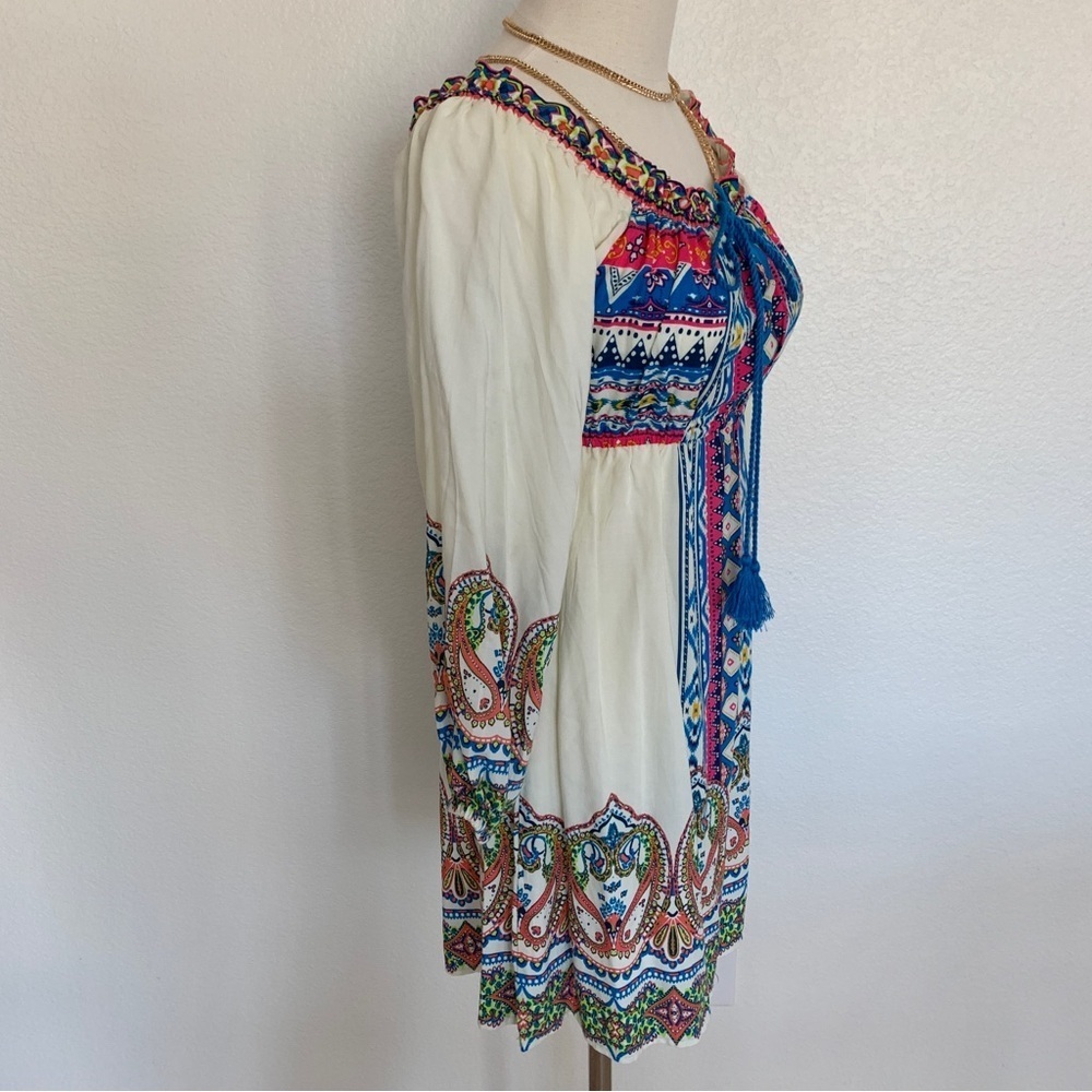 πΌ Cream Off-White Tribal Bohemian Boho Paisley Print Peasant Dress - Picture 4 of 16